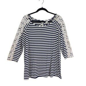 Moa Moa Blouse Top Striped With Lace Sleeves Womens Plus Size 1X Blue & White